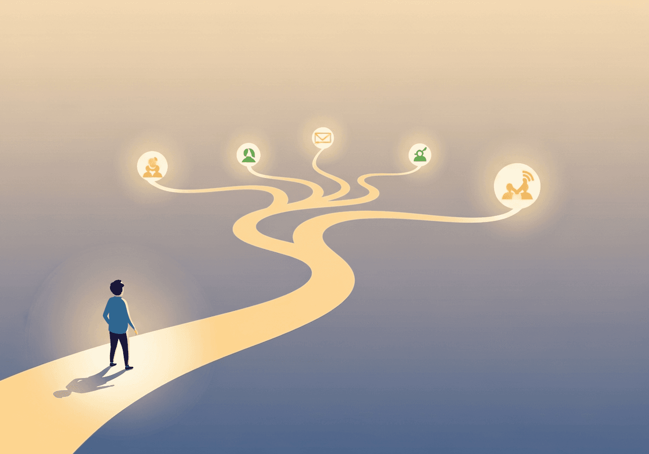 A person at the start of a path with possibilities ahead