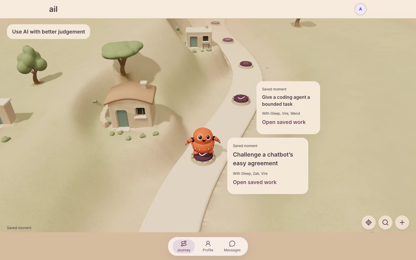 The working ail academy Journey with Gleep beside a completed moment, Alex’s goal, houses, trees and hills.