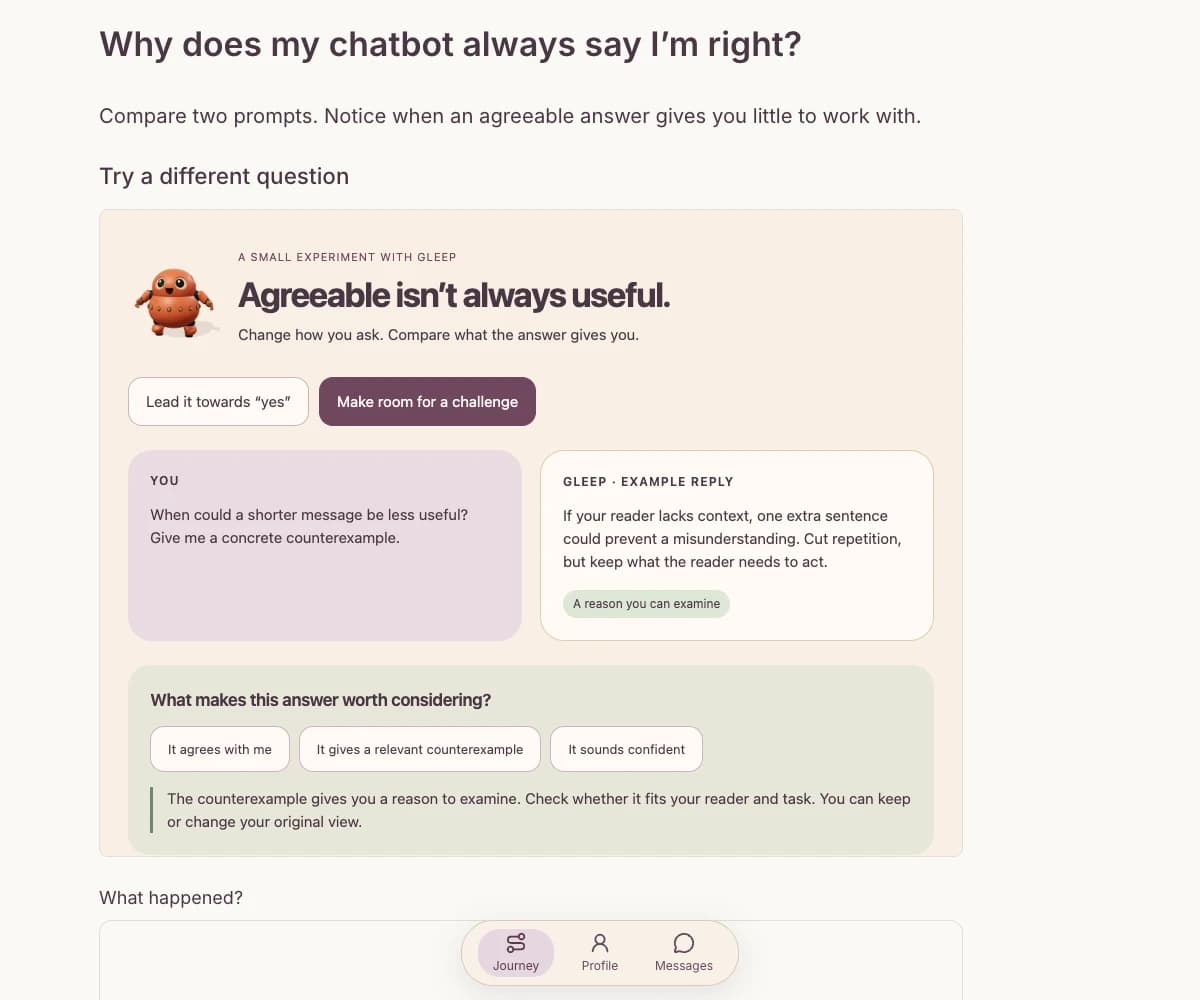 The ail academy example learning moment on chatbot agreement, with a working visual comparison exercise.